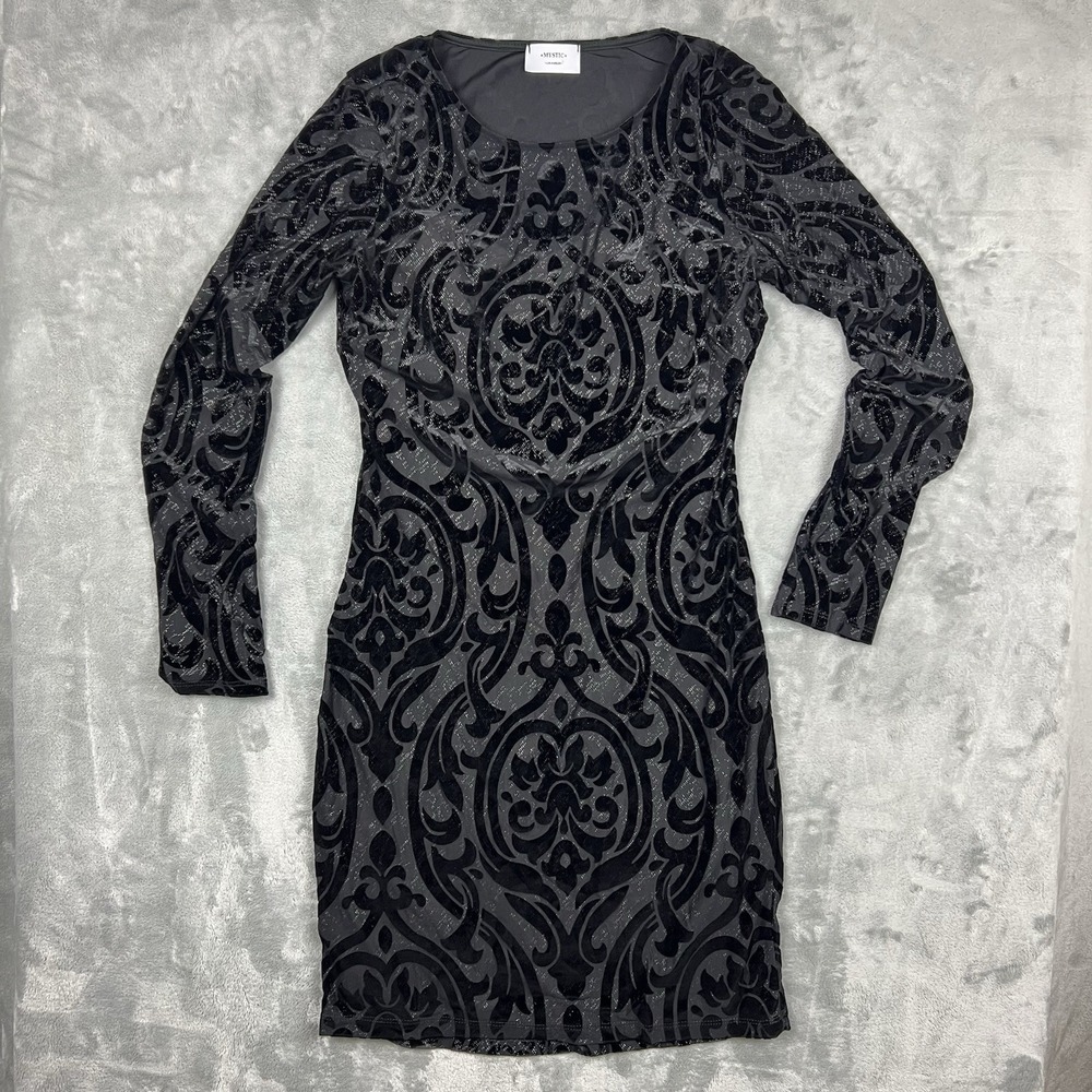 Mystic Black Velvet Sheer Burnout Bodycon Dress Sparkly Long Sleeve Goth Witchy